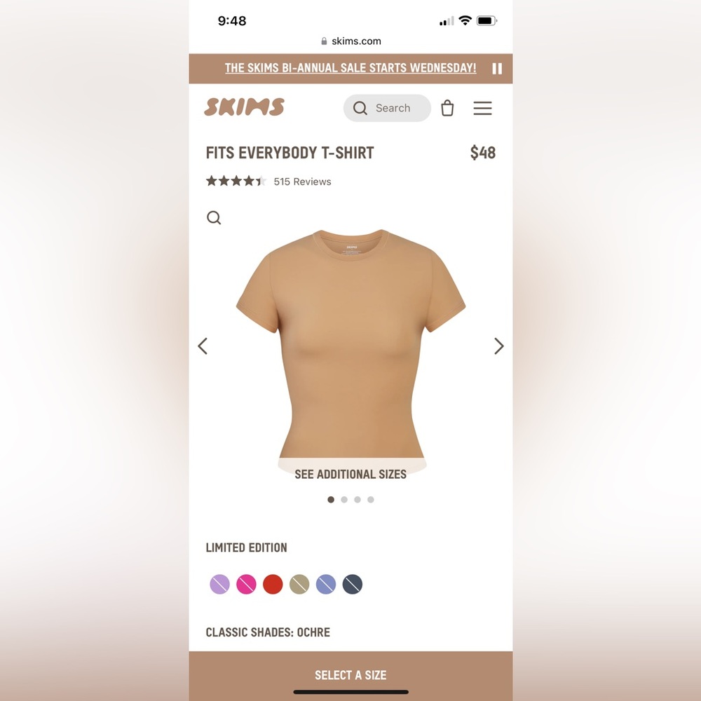 SKIMS Fits Everybody Tee- Size Small- Color Ochre